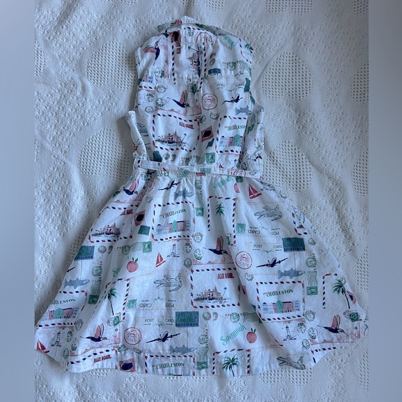 Crewcuts Factory Girls Size 8 Multicolor Waist Tie Postcard Print Shirt Dress - Picture 3 of 6